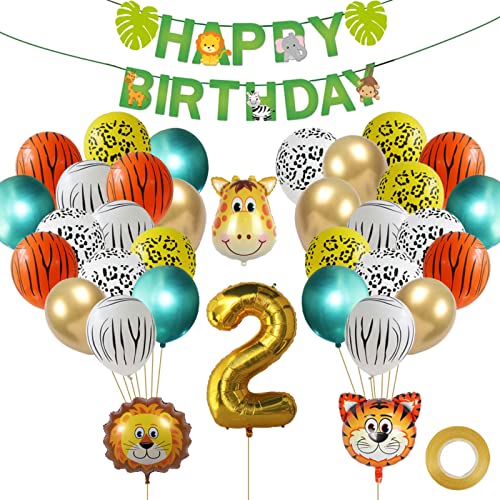 RtottiM Schungel Geburtstag Dekoration 2 Jahre Waldtiere Dschungel Geburtstag Deko Riesen Folienballon 2 Tiger Lion Giraffe Folienballon Waldtiere Alles Gute zum Banner für Kinder Deko von RtottiM