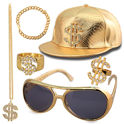 Hip Hop Kostüm Set, 80s 90s Hip Hop Rapper Accessories, Dollar Kette, 1 Stück Halskette, 2 Stück Ringe, 1 Stück Armbänder, 1 Paar von Sonnenbrille mit 1 Stück Hut für Fasching oder Parteien von Rtrin