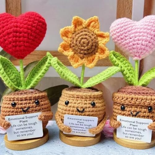 Rtyweth 3 Stück positive Pflanzenpuppe, gehäkelt, mit Karte, niedliche gestrickte Sonnenblumenpuppe, lustige Mini-Sonnenblume, emotional positiv von Rtyweth