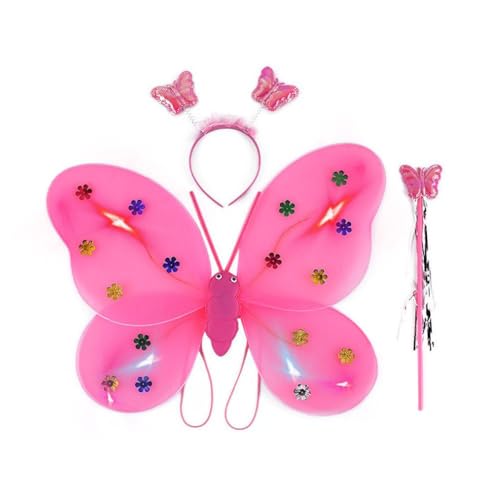 Rtyweth LED Schmetterling Feenflügel Prinzessin Kostüm Set, Feenkostüm für Mädchen, Leuchtendes Kostüm mit Zauberstab & Fee Schmetterling Stirnband von Rtyweth