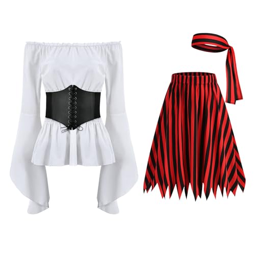 RuFengz piratentuch, Piratenkostüm Damen mit Korsett Gothic Oberteil Off Shoulder Bluse Mittelalter Steampunk Kleidung Piraten Rock Kopftuch Viktorianische Kostüm Piratenbluse für Karneval Cosplay von RuFengz