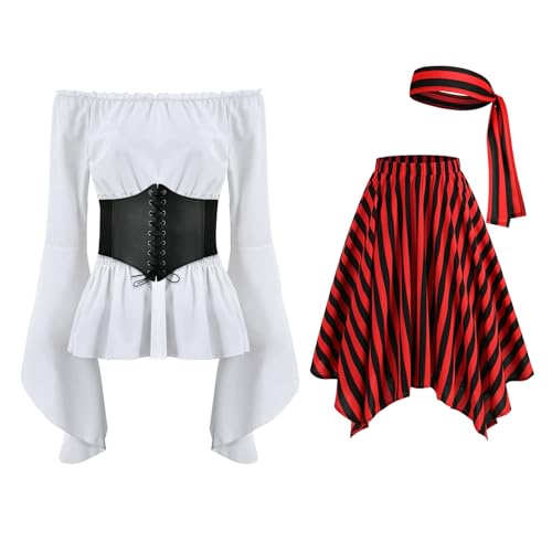 mittelalter kleidung damen set, Piratenkostüm Damen mit Korsett Gothic Oberteil Off Shoulder Bluse Mittelalter Steampunk Kleidung Piraten Rock Kopftuch Viktorianische Kostüm Piratenbluse für Karneval von RuFengz