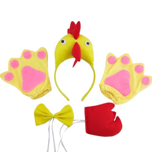 Huhn-Stirnbänder, Kopfbedeckung, Schwanz, Fliege, Handschuhe, Hahn-Haarreifen, Huhn-Kostüm, Cosplay-Set, Partyzubehör von Ruarby