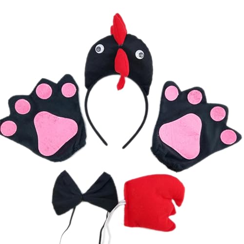 Huhn-Stirnbänder, Kopfbedeckung, Schwanz, Fliege, Handschuhe, Hahn-Haarreifen, Huhn-Kostüm, Cosplay-Set, Partyzubehör von Ruarby