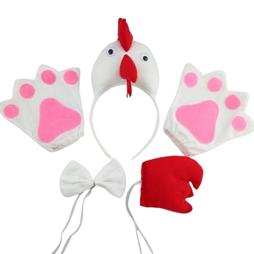 Huhn-Stirnbänder, Kopfbedeckung, Schwanz, Fliege, Handschuhe, Hahn-Haarreifen, Huhn-Kostüm, Cosplay-Set, Partyzubehör von Ruarby