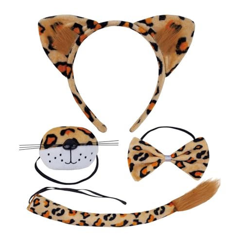 Leoparden-Kostüm-Set, Leopardenohren, Stirnbänder, Schwanz, Schleifen, Schnauze, Handschuh, Tier-Cosplay-Kostüm, für Halloween, Weihnachtsfeier von Ruarby