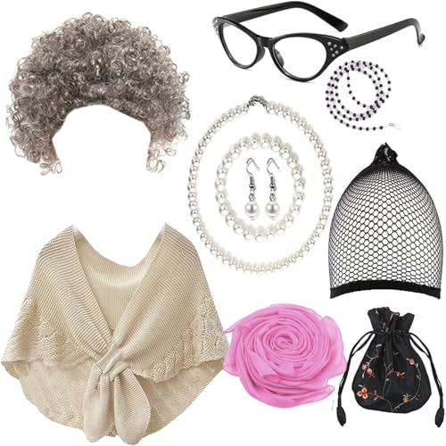 Ruarby Cosplay-Kostüm-Set für alte Dame, Oma, Perücke, Brille, Halskette, Schal, Kostümzubehör für Halloween, Maskerade, Party, Requisiten, Oma Kostüm-Set von Ruarby