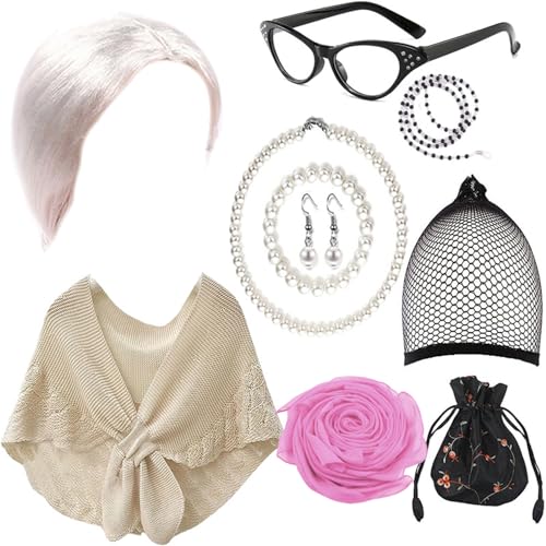 Ruarby Cosplay-Kostüm-Set für alte Dame, Oma, Perücke, Brille, Halskette, Schal, Kostümzubehör für Halloween, Maskerade, Party, Requisiten, Oma Kostüm-Set von Ruarby