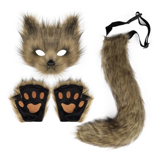 Ruarby Halloween-Füchse Cosplay-Set, Tier-Kostüm, inklusive Plüschschwanz-Handschuhen für Erwachsene, Cosplay, Party, Halloween von Ruarby