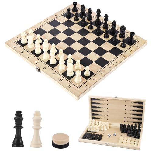 Schachspiel, 3 in 1 Schachbrett Holz Klappbare Hochwertig Schach Dame Backgammon, Tragbares Schachset für Kinder und Erwachsene Familie Party Reisen (29x29cm) von Rubessia