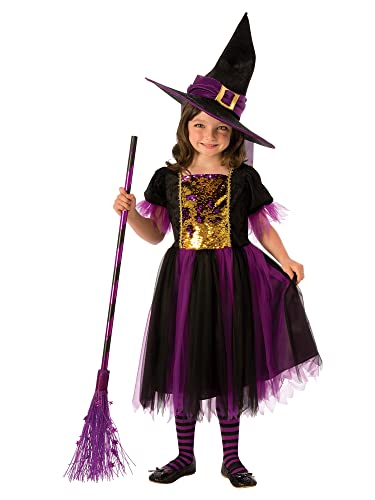 Bristol Novelty 3015417-8000 Kostüm Farbzauber-Hexe, für Mädchen, schwarz-lila-goldfarben, Alter: 7–8 Jahre Halloween von Rubie's