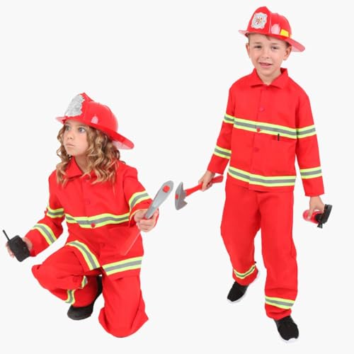 RUBIE'S Komplettes Feuerwehrmann-Kostüm - Größe 5-7 Jahre - Dieses komplette Feuerwehrmann-Kostüm mit langärmeliger Jacke, Hose, Feuerwehrhelm, Feuerlöscher, Walkie-Talkie und Axt. von Rubie's