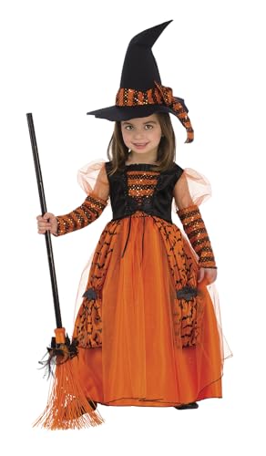 Rubies Glänzendes Hexenkostüm für Mädchen, Kinderkleid in Orange, mit Glitzerdetails und Hut mit Pailletten für Halloween, Karneval, Geburtstag und Weihnachten von Rubie's