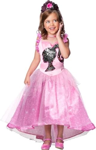 RUBIE'S Barbie Offizielles Barbie-Kostüm, Luxus-Kleid, Prinzessin, Pailletten, für Kinder – Größe 5 – 6 Jahre – Kostüm mit Kleid, Bustier und Diadem Rosa von Rubie's