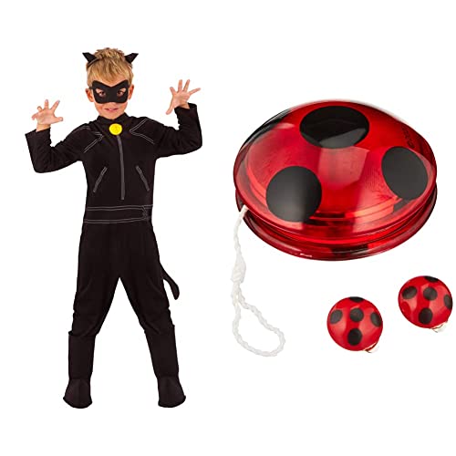 Rubie's Offizielles Kostüm Cat Noir, Miraculous Ladybug, mit Augenmaske, für Kinder, Superheld, Kindergröße S, 3-4 Jahre &%22Rubies Kostüm Miraculous Marienkäfer Yo-Yo und Clip-On Ohrringe von Rubie's