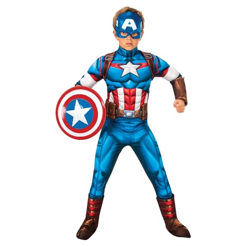 Rubies Captain America Deluxe Jungen/Mädchen Kostüm mit gepolsterter Brust, Stiefelüberzug und Maske, offizielles Marvel-Kostüm, 7-8 Jahre (122-128 cm) Halloween, Halloween von Rubie's