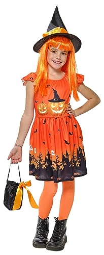 Rubies Hexenkürbis-Kostüm für Mädchen, bedrucktes Kleid, Hut und Tasche, offizielles Halloween, Karneval, Geburtstag und Party von Rubie's