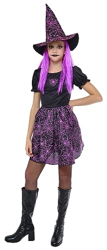 Rubies Hexenkostüm Spiderweb Neo Rosa für Mädchen, Kleid Glow in Dark und Hut, offizielle Halloween, Karneval, Geburtstag und Party von Rubies