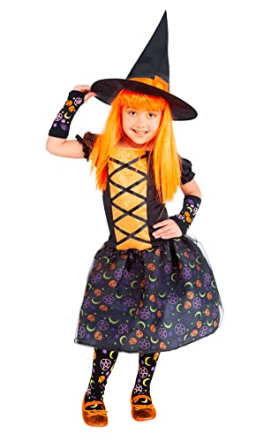 Rubies Moonlight Orange Hexe Mädchen Kleid Lila Hut und Strumpfhosen Original Halloween Karneval Geburtstag von Rubie's