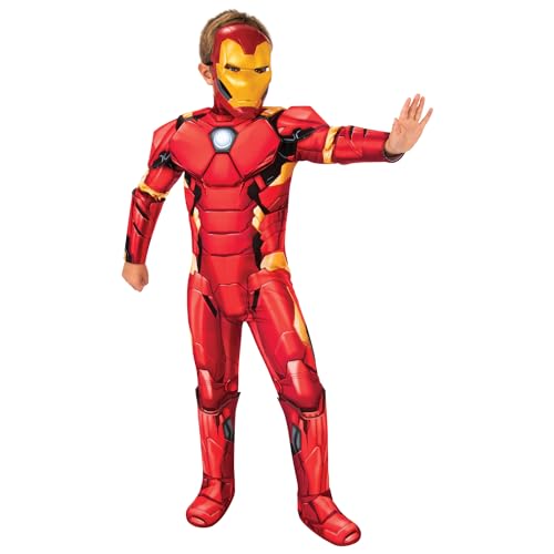 Rubies Deluxe Iron Man Kostüm für Kinder, Jumpsuit mit gepolsterter Brust, Stiefelstulpen und Maske, offizielles Marvel-Kostüm für Karneval, Weihnachten, Geburtstag, Party und Halloween von Rubie's