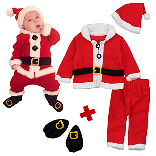 Rubu22a 4 Stück Baby WeihnachtsoutfitKleinkinder Weihnachtsmannanzug Junge Mädchen Weihnachten Fleece Warm Santa (Jacken +Hose+Weihnachtsmütze+Socken) (100) von Rubu22a