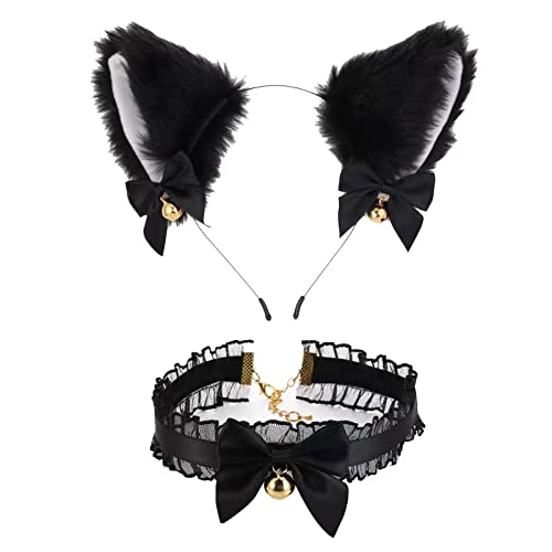 Rudiaoa 2-teiliges Katzenkostüm-Set, Katzenohren, Stirnband, Kopfschmuck, süße Spitzen-Choker, Halloween-Kostüme, Tier-Kostüme, Cosplay, Party-Requisiten von Rudiaoa