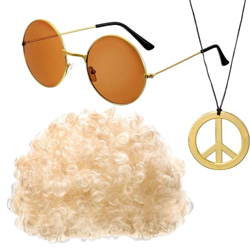 Ruhnjyg Afrikanische Perücken-Sonnenbrille – Hippie-Kleidungszubehör-Set – Stilvolle Afrikanische Perücke, Sonnenbrille, Disco-Halskette, 50/60/70er-Jahre-Retro-Themenparty-Outfits (3-teilig) von Ruhnjyg