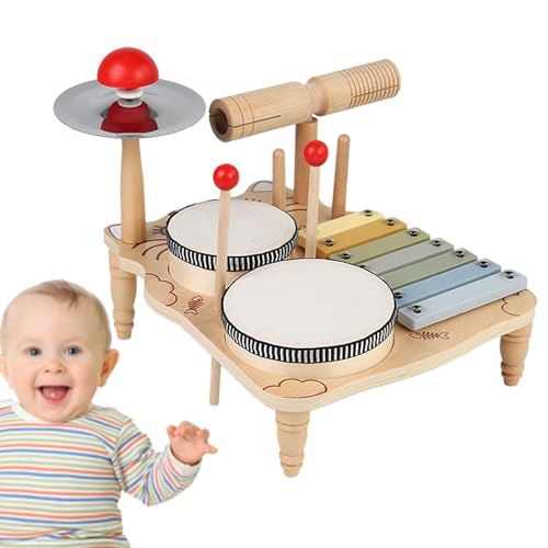 Ruhnjyg Trommel Schlagzeug Spielzeug für Kinder ab 1 2 3 Jahr, Kinderschlagzeug Kindertrommel Set, Kleinkind Holz Musikinstrumente Musikspielzeug, MontessoriMusik Geschenke für MädchenJungen 6-18 Mo B von Ruhnjyg