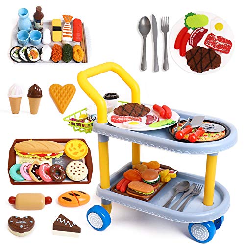 Kinder Food Trolley Auto, Kinder Rollenspiel große Speisewagenspielzeug und 98 Stück Lebensmittel, Küche, Geschirr Zubehör, Lernspielzeug für Jungen/Mädchen 3+Jahre von RuiDaXiang