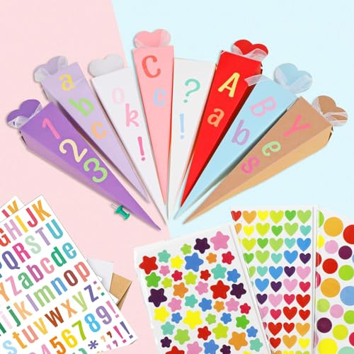 40 Stück Kleine Schultüten Geschwisterschultüte 20cm Zuckertüte zum Befüllen Geschenkboxen DIY Faltbare Schultüte mit 8 Aufklebern Band für Einschulung Geschenk Junge und Mädchen Schulkind Schulanfang von Ruikdly