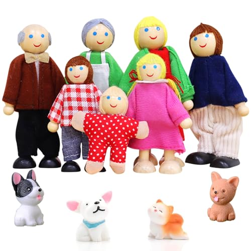 Puppenhaus Puppen, 11 Stück Puppenhaus Figuren Puppen Familie Set Holzpuppe Spielzeug mit Katze und Hund Puppenfamilien Figuren Biegepuppen für Puppenhaus Zubehör Geschenk von Ruikdly