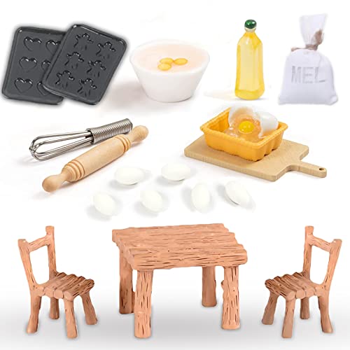 Miniatur Wichtel Zubehör 19 Stück Puppenhaus Zubehör Mini Puppenhaus Küche Backen Set Mini Wichtelhaus Tisch und Stühle Eier, Nudelholz, Tisch, Mehlbeutel Wichtel Zubehör Weihnachten von Ruikdly