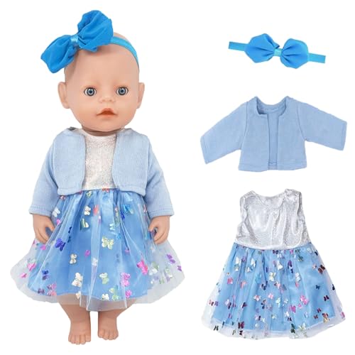 Puppenkleidung für 14-18 Zoll Baby Puppen, 3 Stück Süßes Puppenkleidung 36-43 cm mit Blauem Mantel, Puppen Kleider, Schmetterlingsschleife Stirnband, Neue Puppenkleider Zubehör Puppenkleidung für 14-18 Zoll Baby Puppen, 3 Stück Süßes Puppenkleidung 36-43 cm mit Blauem Mantel, Puppen Kleider, Schmetterlingsschleife Stirnband, Neue Puppenkleider Zubehör von Ruikdly