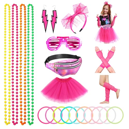 Ruikdly 80er Jahre Outfit Damen, 90er Jahre Outfit mit Tutu, Gürteltasche, Stirnband, Ohrring, Halskette, Netzhandschuhe, 90er Jahre Accessoires Neon Accessoires Thema Party Karneval Damen Frauen von Ruikdly