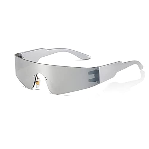 Ruikdly Futuristische Sonnenbrille, Silber Stylisch Rahmenlos Futuristische Brille, Umlaufend Schnelle Brille Rave Herren Damen Cyberpunk Schatten Sonnenbrille für Rollenspiele, Faschingspartys von Ruikdly