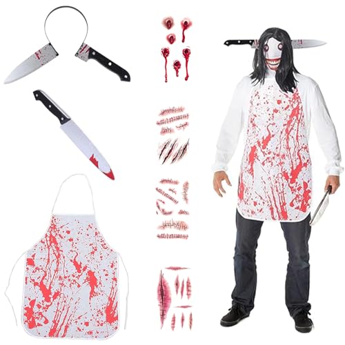 Ruikdly Halloween Kostüme Messer Haarband Blutige Schürze mit Blutiges Messer 4 Temporäre Tattoos für Erwachsene und Teenager Können als Vampir-Zombie-Themenpartys, Bardekorationen Verwendet Werde von Ruikdly