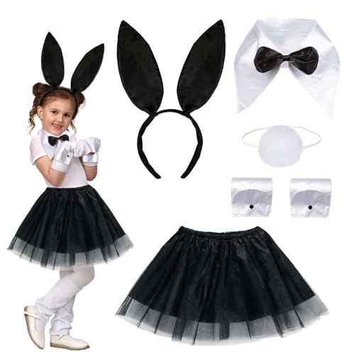 Ruikdly Hasenkostüm Kinder Schwarz 6 Stück Kostüm Hase Kinder Set mit Tutu Rock, Hasenohren Stirnband Mädchen, Schwanz, Fliege und Manschetten für Ostern Karneval Halloween Cosplay-Party von Ruikdly