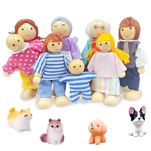 Ruikdly Hölzerne Puppenhaus Puppen,12 Stück Puppenhaus Holz Puppen Familie Set mit Katze und Hund,Figuren Puppen Biegepuppen für Puppenhaus Zubehör Geschenk von Ruikdly