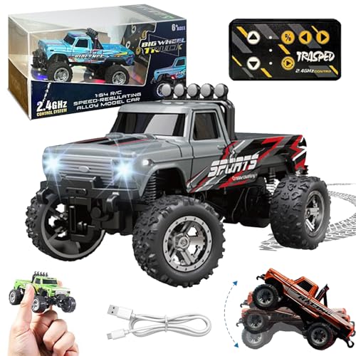 Mini-Rc-Truck, Mini-Rc-Monstertruck, 1/64 Ferngesteuerter Mini-Rc-Monstertruck mit Anhänger, 2,4 g Ferngesteuerter Monstertruck, Mini-Legierung-Monstertruck Rc (Grey) von Ruileyou