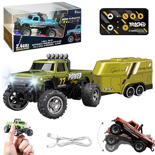 Ruileyou Mini-Rc-Truck, Mini-Rc-Monstertruck, 1/64 Ferngesteuerter Mini-Rc-Monstertruck mit Anhänger, 2,4 g Ferngesteuerter Monstertruck, Mini-Legierung-Monstertruck Rc (Green+Trailer) von Ruileyou