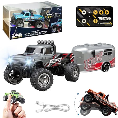 Ruileyou Mini-Rc-Truck, Mini-Rc-Monstertruck, 1/64 Ferngesteuerter Mini-Rc-Monstertruck mit Anhänger, 2,4 g Ferngesteuerter Monstertruck, Mini-Legierung-Monstertruck Rc (Grey+Trailer) von Ruileyou