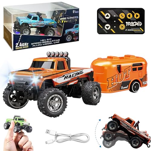 Ruileyou Mini-Rc-Truck, Mini-Rc-Monstertruck, 1/64 Ferngesteuerter Mini-Rc-Monstertruck mit Anhänger, 2,4 g Ferngesteuerter Monstertruck, Mini-Legierung-Monstertruck Rc (Orange+Trailer) von Ruileyou