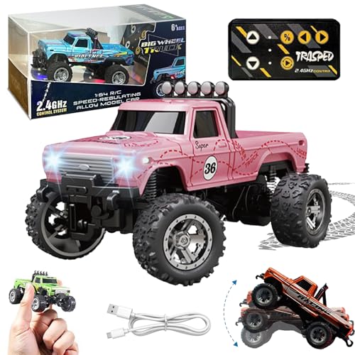 Ruileyou Mini-Rc-Truck, Mini-Rc-Monstertruck, 1/64 Ferngesteuerter Mini-Rc-Monstertruck mit Anhänger, 2,4 g Ferngesteuerter Monstertruck, Mini-Legierung-Monstertruck Rc (Pink) von Ruileyou