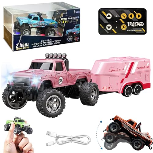 Ruileyou Mini-Rc-Truck, Mini-Rc-Monstertruck, 1/64 Ferngesteuerter Mini-Rc-Monstertruck mit Anhänger, 2,4 g Ferngesteuerter Monstertruck, Mini-Legierung-Monstertruck Rc (Pink+Trailer) von Ruileyou