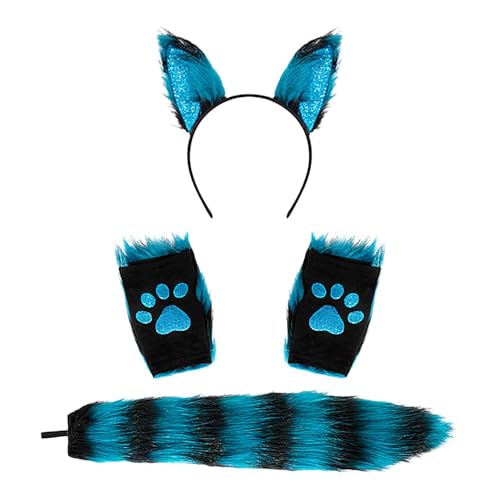 Ruilonghai Tierschwanz-Haarspangen, Ohren und Handschuhe-Set, Halloween-Fancy- -Anzieh-Cosplay-Kostüm, Schwanz Wolf Cosplay Kostüm Set, Halloween-Weihnachtskostüm-Spielzeug für Mädchen und Frauen von Ruilonghai