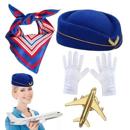 4-teiliges Set Stewardess Kostüm Set, Stewardess Hut Und Tuch Stewardess Set , Flugbegleiter Hut , Flugbegleiter Kostüm Zubehör Stewardess Mütze Schal Handschuhe Flugzeugbrosche Für Cosplay Zubehör von Rukjmqi