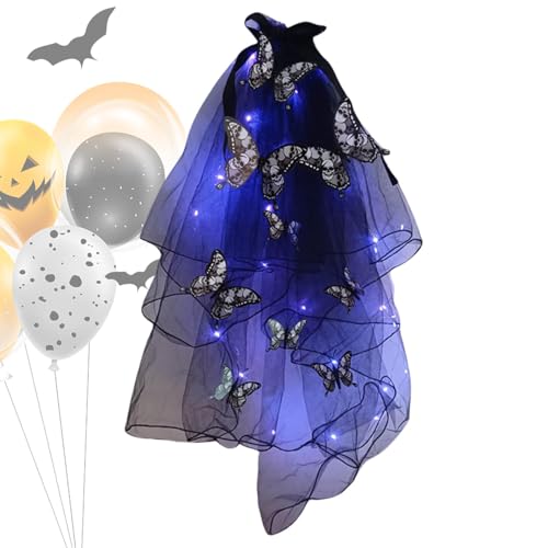 Rukjmqi Halloween Leuchtender Schleier,Halloween Stirnband mit Schleier, Cosplay-Kostüm, Schmetterlingsmuster leuchten Halloween-Stirnband-Haarschmuck für Frauen Halloween von Rukjmqi