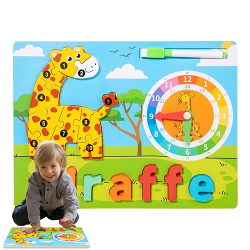 Rukjmqi Holzpuzzles,Tierpuzzle aus Holz - Niedliche Giraffen-Delfin-Puzzles für Kleinkinder | Lernaktivitäten, Tierpuzzle mit Lernuhr-Buchstaben-Matching-Spiel für Vorschulkinder von Rukjmqi