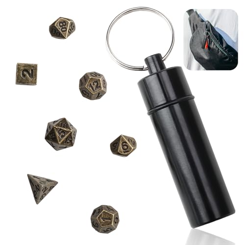 Tragbares Mini DND Würfel Set aus Antik Bronze, 7-teiliges Metallwürfelset für Schlüsselbund, Polyedrische Würfel mit Würfel Fall, Ideal für Dungeon und Dragons von Rumgug