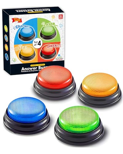 4 Antwort-Buzzer Set, Mehrfarbige Sound- und Licht-Buzzer für Teamspiele, Familienspielabend, Mit Magnetfuß und 3 Blinkmodi für Klassenzimmer und Quizspiele von Rumicet